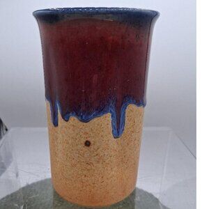 Walt Glass Handcrafted Ceramic Tumbler/Utencil Holder With Blue & Red Glaze